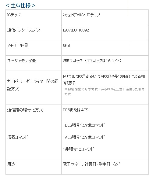 「次世代FeliCa ICチップ」搭載ICカードの主な仕様