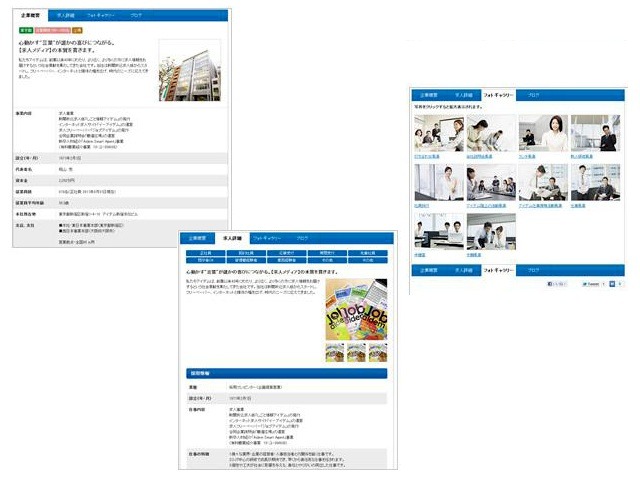 「企業データ」（左）では、学生が知りたい客観的なデータが網羅されている。「求人データ」（中央）では、将来の働きが イメージできる項目を掲載している。「フォトギャラリー」（右）では、社内の風景などから入社後のイメージが感覚的につかめる。 