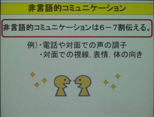 言語的コミュニケーションと非言語的コミュニケーションだが、非言語が6〜7割を伝えているので、言語のみの対話は誤解を生みやすい