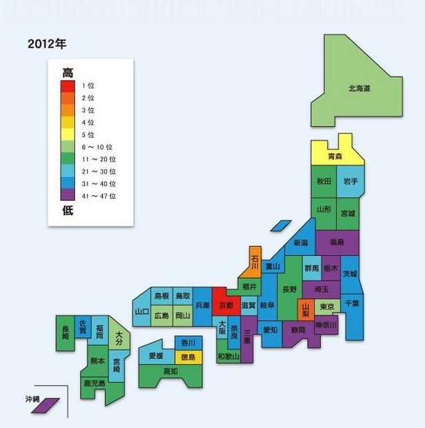 人口10万人あたりの大学登録件数による都道府県ランキング（2012年）図