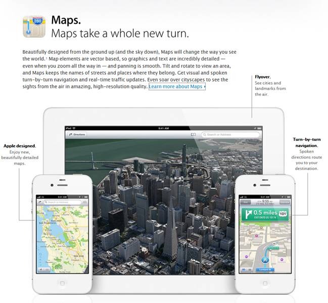 iOS発表。当初は、地図機能が強化されたとのふれこみだったが。