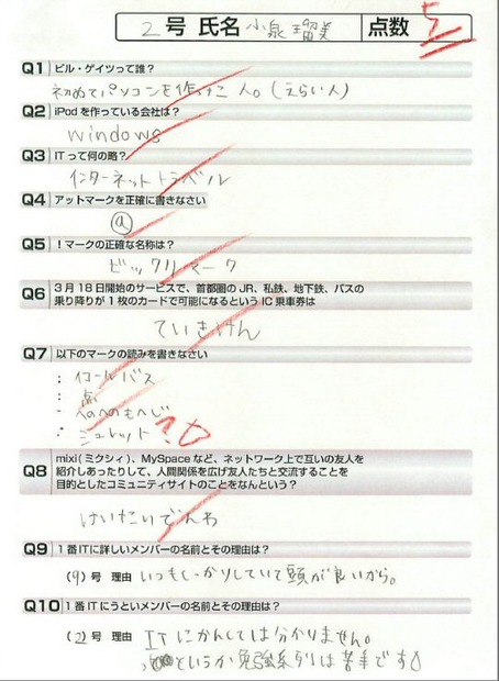 前回インタビュー後に実施した本物のIT常識テストの回答(2号・小泉さん)