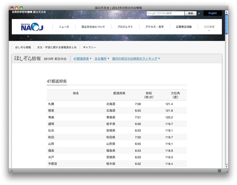 ほしぞら情報　2013年の初日の出情報