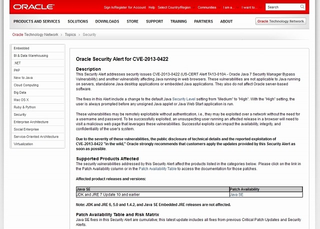 Oracle Security Alert for CVE-2013-0422