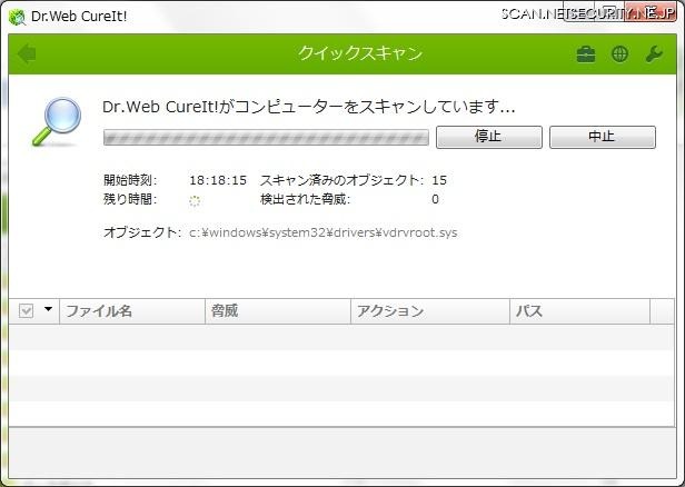 「Dr.Web CureIt!」によるウイルスチェック画面