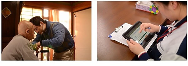 自宅で診療をする在宅医師（左）、利用者のバイタル情報などを入力するケアマネジャー（右）