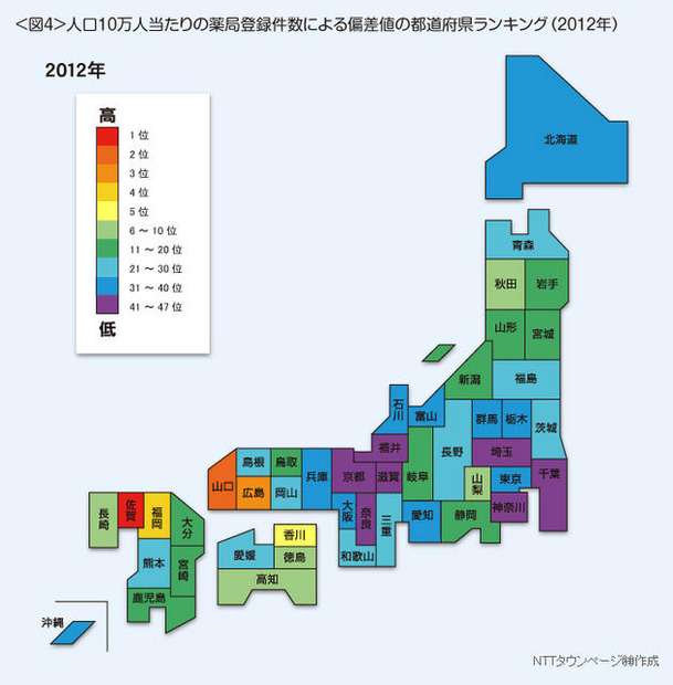人口10万人当たりの都道府県別登録件数による偏差値の都道府県ランキング（2012年）