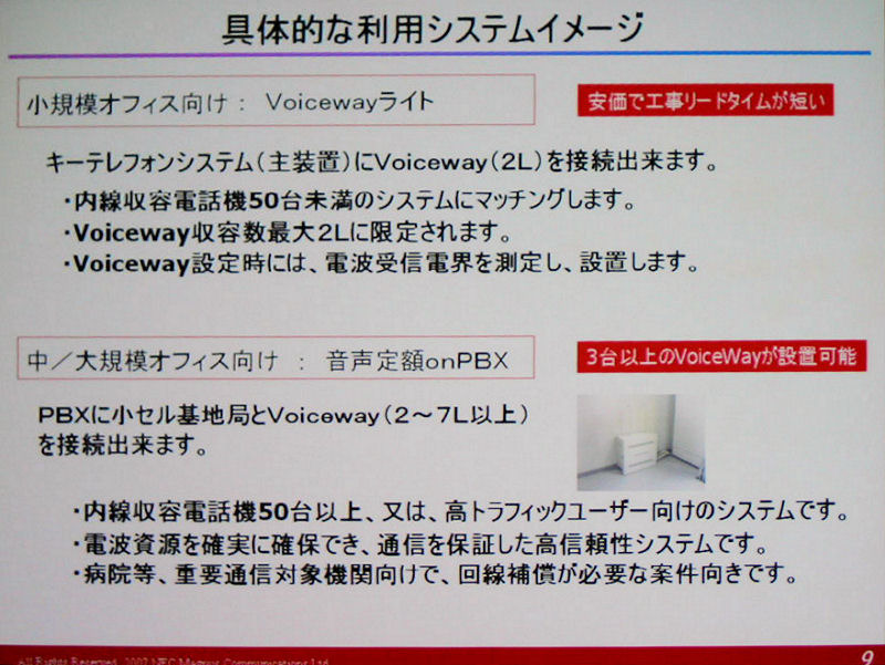 　NECマグナスコミュニケーションズ 第二営業部 MVN担当部長 原祐三氏が「WILLCOM FORUM ＆ EXPO 2007」のセミナーで紹介した「VoiceWay」は、社内の内線電話用の交換機に取り付けて使用するPHSアダプターだ。