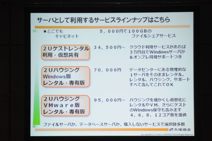 たよれーるMNSのクラウドサービス。サーバとして利用する際のラインナップ。「どこでもキャビネット」（オンラインストレージ）から、仮想共有/レンタル・専有版まで用意