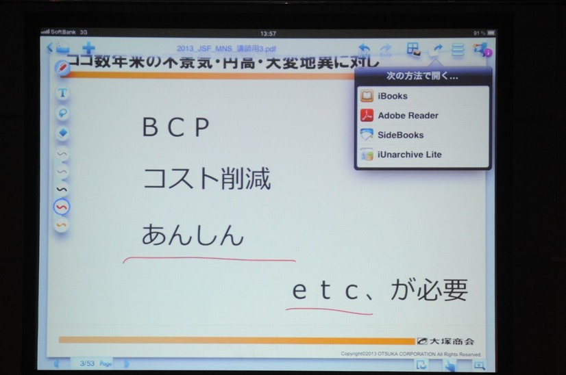 どこでもキャビネットの新機能。他アプリケーションとの連携が可能になり、活用範囲が広がった。写真はiPadからファイルを開き、マーカーをつけて編集中