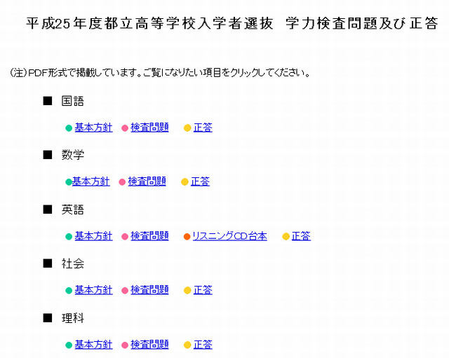 2013都立高校・学力検査問題および正答