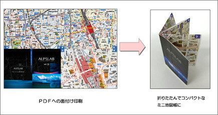 　アルプス社が新提案を行う実験サイト「ALPSLAB」は、PDFに複数の地図を面付けし、表紙を含め8ページで構成されるミニ地図帳が作れる「ALPSLAB print」を公開した。