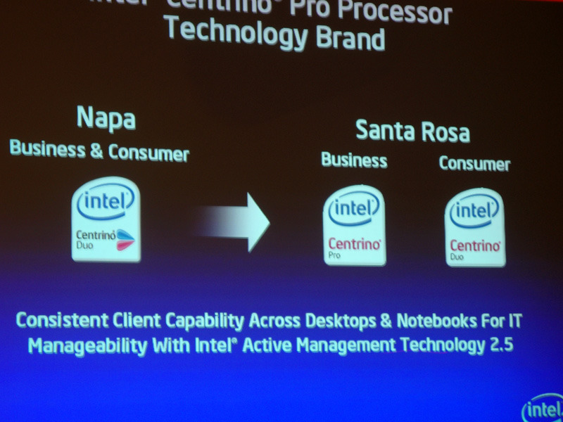 　インテルは9日、モバイルPC用の新プラットフォーム・開発コード名「Santa Rosa（サンタローザ）」を正式発表した。同プラットフォームは「Centrino Pro」「Centrino Duo」の2ブランドで展開される。