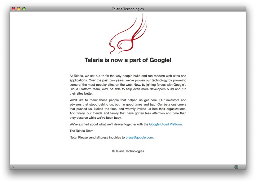 Talariaのホームページ。現在はGoogle合流の告知が見えるだけ。