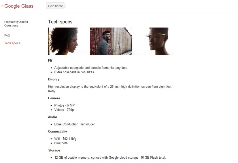 「Google Glass」ページで発表された「Tech specs」