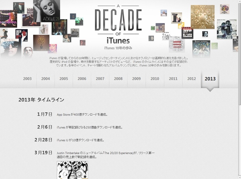 「A DECADE OF iTunes」2013年のタイムライン