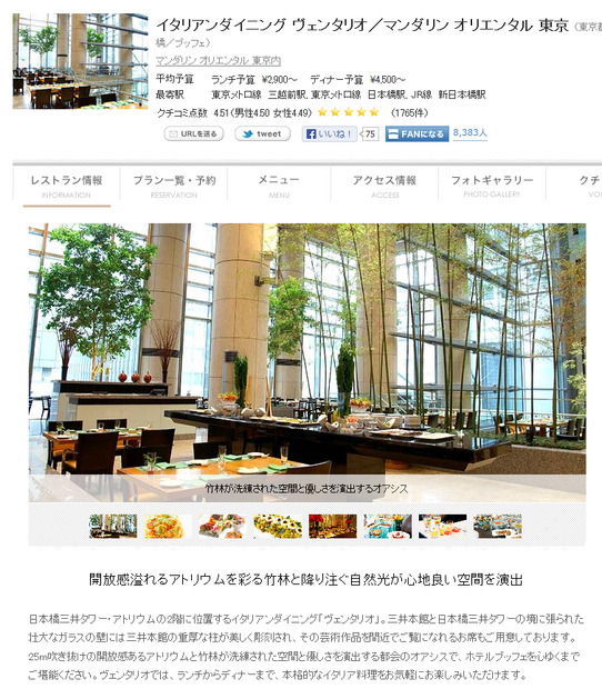 レストラン予約サイト「一休.comレストラン」で4月来店実績が1位だったイタリアンダイニング ヴェンタリオ／マンダリン オリエンタル 東京