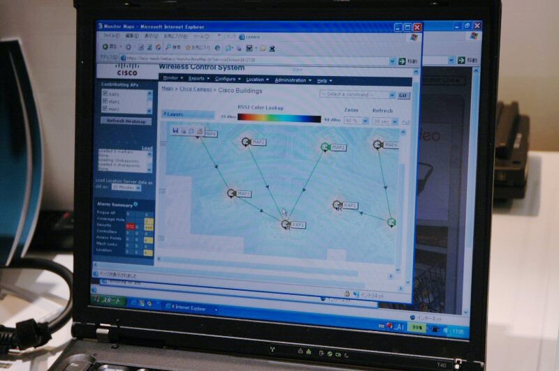 米国本社に構築されたメッシュネットワークのようすがリアルタイムで表示されていた