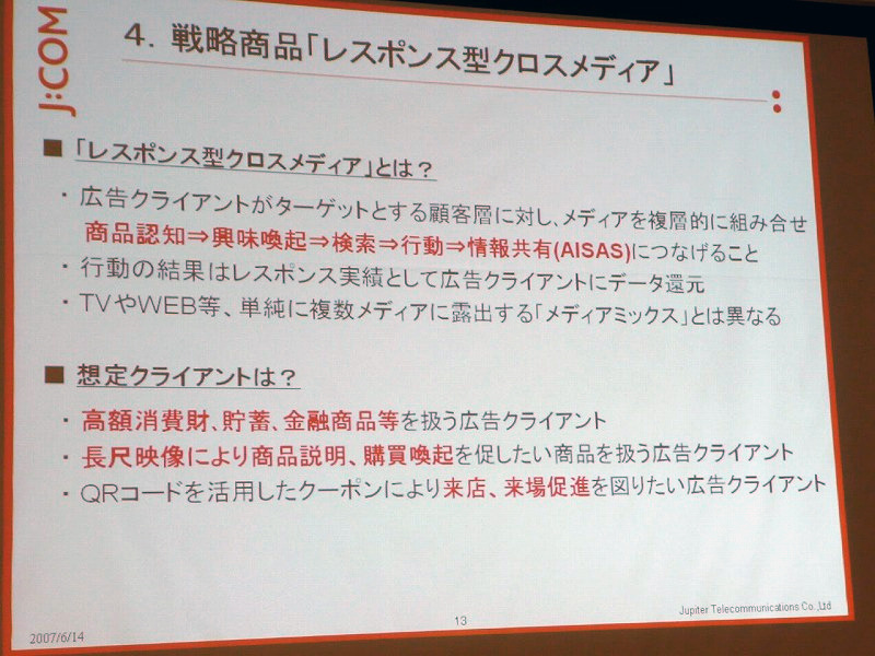 レスポンス型クロスメディアとは、複数のメディアを組み合わせることでターゲットとなる顧客の商品認知、興味喚起、検討、購買につなげていくものとのこと