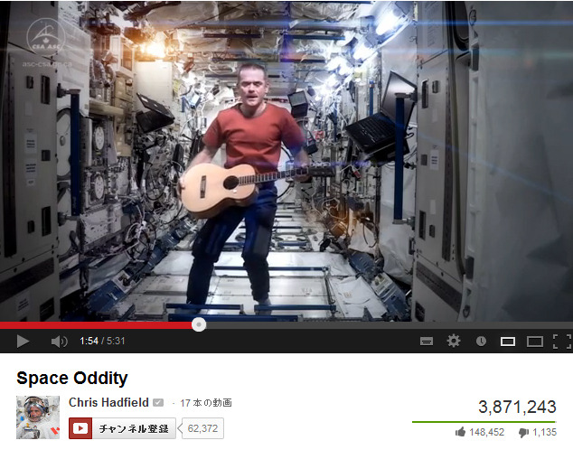 クリス・ハドフィールドがボウイの名曲「スペース・オディティ」を歌った動画は公開から1日余りで（14日13時現在）で約400万回も再生されている