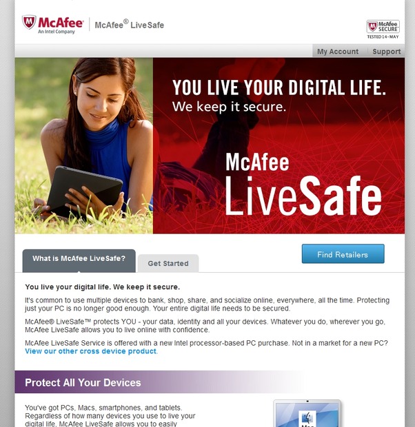 「McAfee LiveSafe」紹介ページ