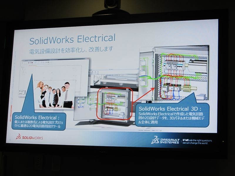 具体的な構成。2D電気回路設計ツール「SolidWorks Electrical」と、「SolidWorks Electrical 3D」を組み合わせて使用する