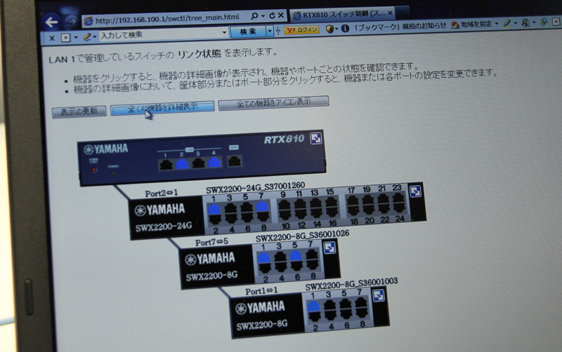 VLANの各ネットワークが使用しているポートを色分けで表示