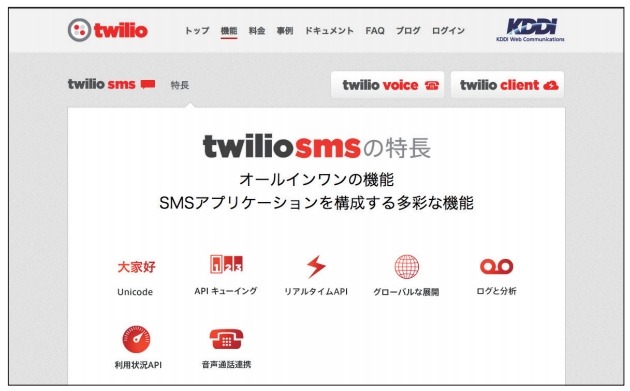 「Twilio」日本語ウェブサイト（SMSの特徴紹介ページ）