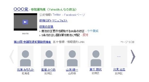 「政党名」で検索した場合の表示例