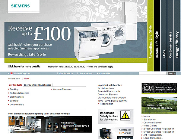 Siemens Appliancesのホームページ