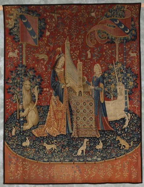 タピスリー《貴婦人と一角獣「聴覚」》 （部分）1500年頃　羊毛、絹フランス国立クリュニー中世美術館所蔵
