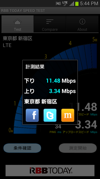 新宿駅近くで通信速度のテスト。さすがはLTE、下り11.48Mbps、上り3.34Mbpsとなかなかの速度