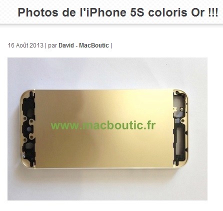 フランスMacbouticが公開した「iPhone 5S」とされる画像。本体ボディが金色になっている