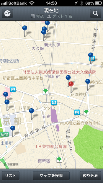 現在位置周辺のホテルを地図上にピン表示して、アクセスを確認することも可能
