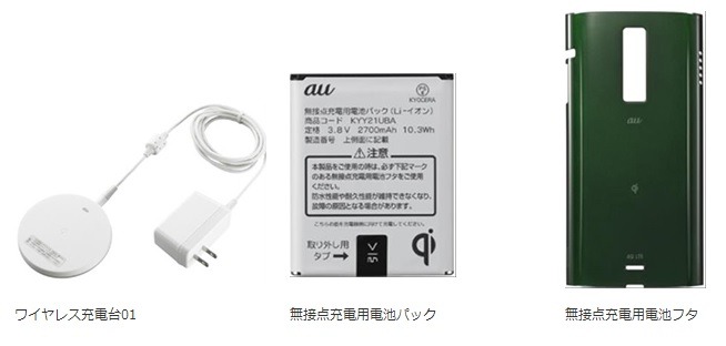 左から「ワイヤレス充電台01」、「無接点充電用電池パック」、「無接点充電用電池フタ」