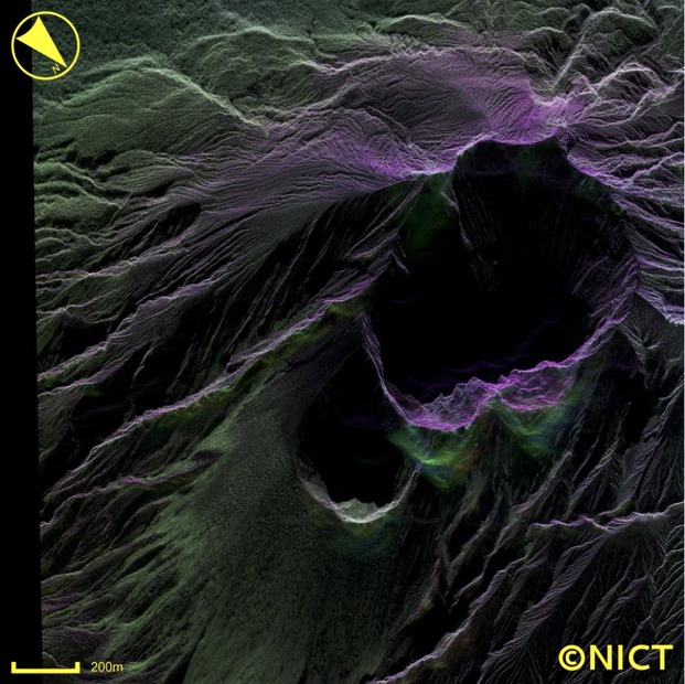 桜島昭和火口の偏波疑似カラー画像（Pi-SAR2の高速機上処理装置により画像化）