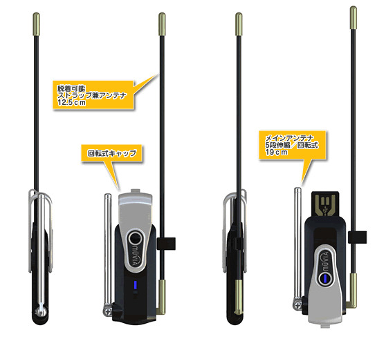 5段階伸縮/回転式のメインアンテナのほかに、ストラップとしても利用できる着脱可能なセカンドアンテナを搭載