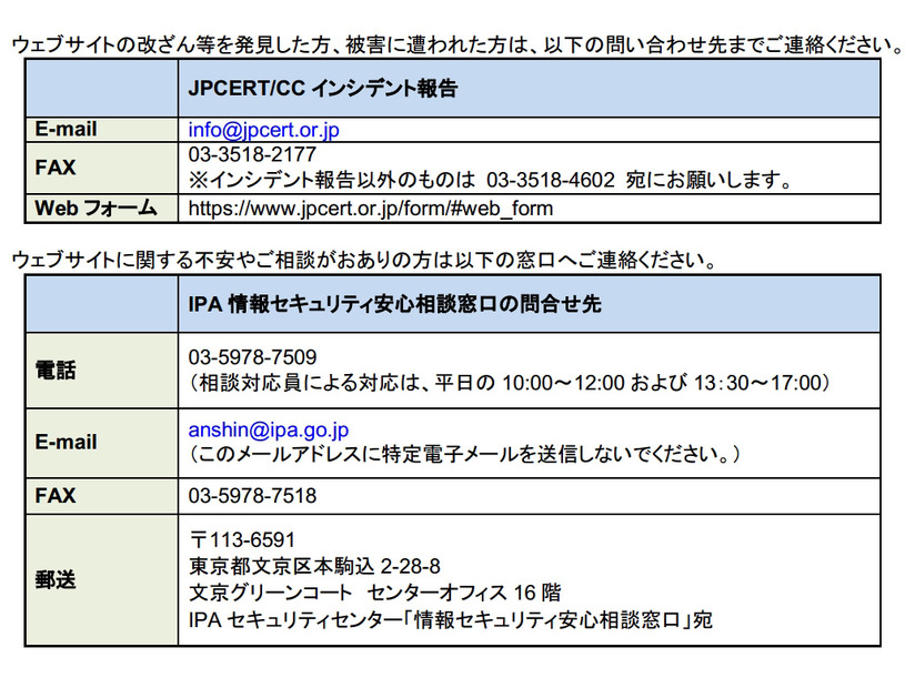 ウェブ改ざん等の発見、被害に関する連絡先