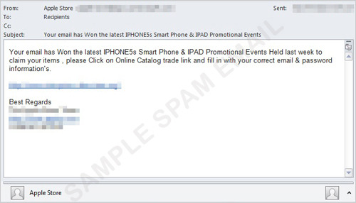 「Apple Store」から送信されたように装ったスパムメールの一例