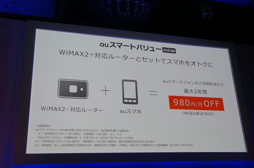 固定回線を持たないユーザーに向けて、WiMAX 2＋対応ルーターとスマホをセットにした、「スマートバリューmine」を導入