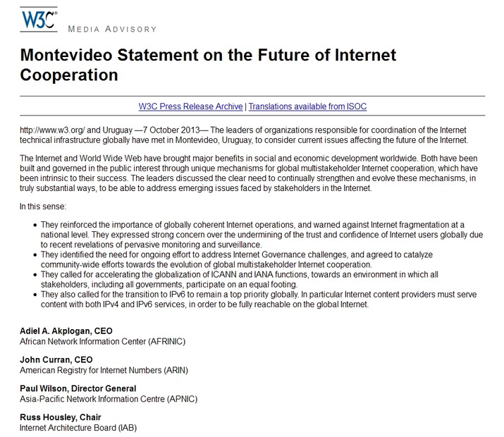 W3Cサイトに掲載された「モンテビデオ声明」原文（一部）