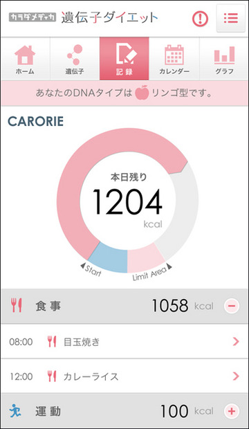 アプリ『カラダメディカ　遺伝子ダイエット』のインターフェイス