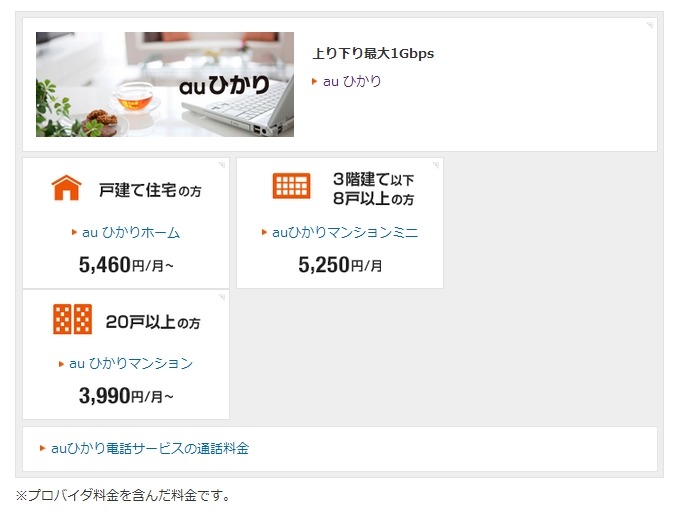 「auひかり」基本料金例