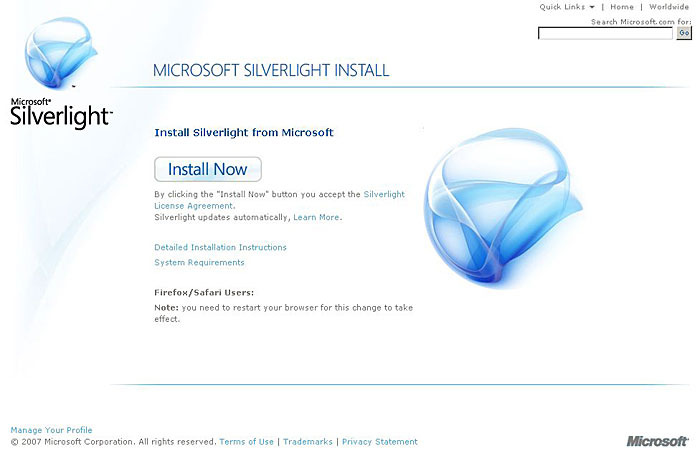 Silverlight のインストールページ