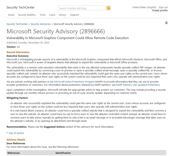 この脆弱性について説明したページ「Microsoft Security Advisory (2896666)」