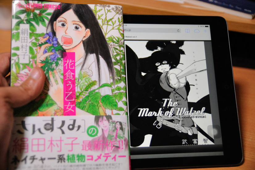 見開き（横向き）表示で新書サイズの単行本と比較。横向きではわずかに小さいが、可読性は高い。