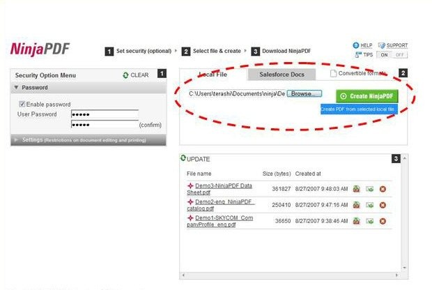 ローカルのコンピュータ、またはSalesforceの「Document」フォルダにあるファイルからPDFファイルを作成可能