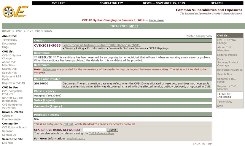 Common Vulnerabilities and Exposures「CVE-2013-5065」ページ