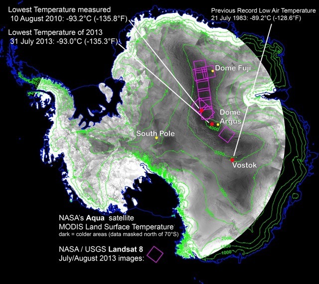 南極と最低気温観測地点　(C) National Snow and Ice Data Center