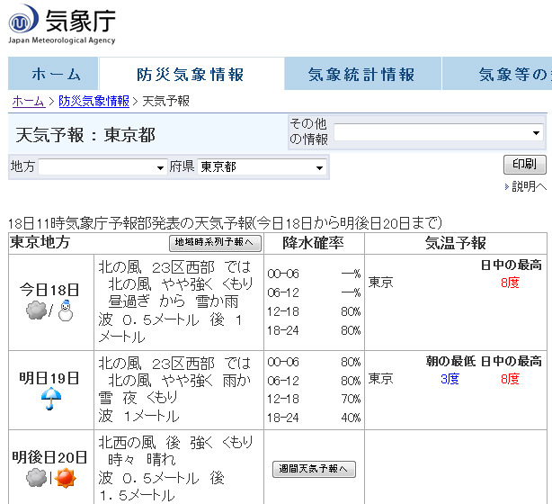 東京地方の天気予報（気象庁発表）